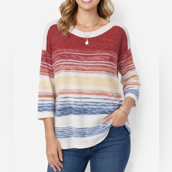 Brittany Black Sweaters - Brittany Black Boatneck Cotton Sweater Large Striped 3/4 Sleeve Coastal Cottage